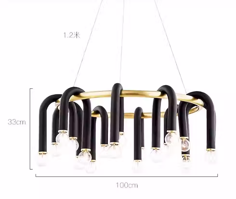 Miniatura: Post-Modern Black & Brass 18-Light Ring Chandelier, Bare Bulb