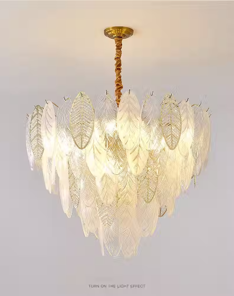 Thumbnail: Feather-Leaf Glass Plate Tiered Chandelier - Gold, Round & Linear E14