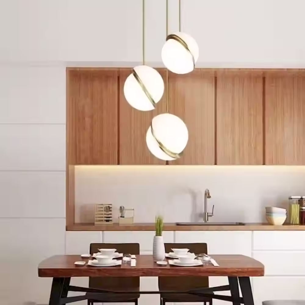 Crescent Moon Glass Pendant – Opal & Brass, Integrated LED Ø12cm