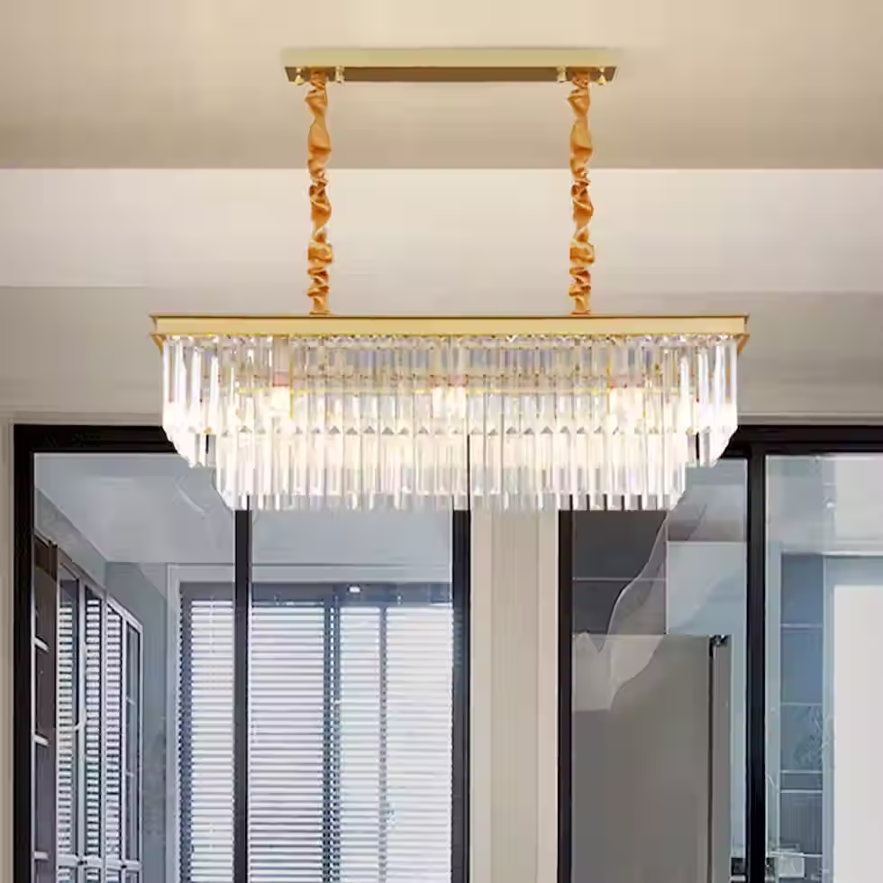 الصورة المصغرة: Rectangular Crystal-Fringe Linear Chandelier - Gold, L80cm, E14