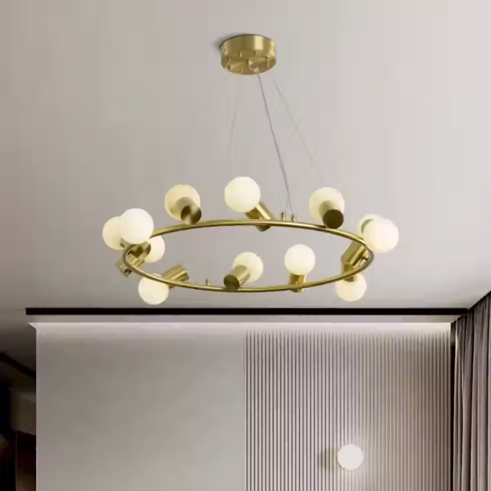 Alabaster Globe Chandelier – 12 Light Brass Ring Round Dining Halo