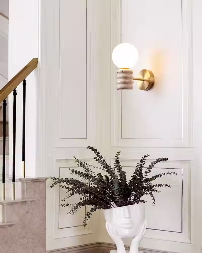 الصورة المصغرة: Travertine Ribbed Column Wall Sconce – Brass Arm Opal Glass Globe G9