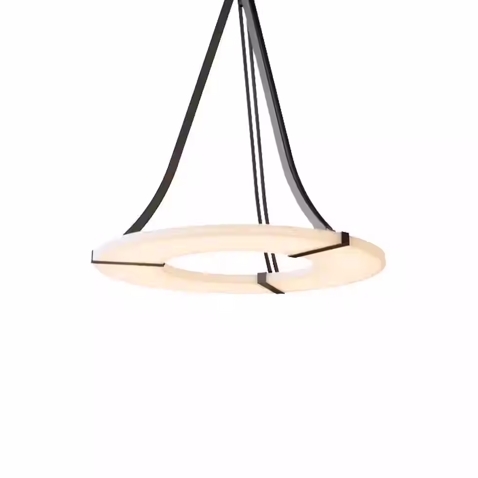 Alabaster Ring Chandelier – Black Leather Strap Halo LED Round Disc