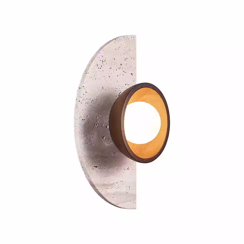 Travertine Half-Moon Wall Sconce – Wood Ring Opal Glass Globe G9