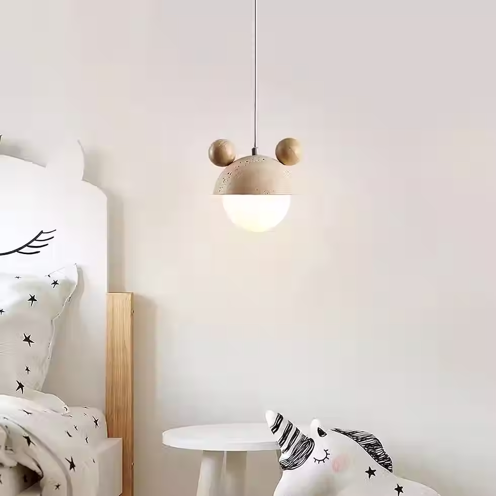 Thumbnail: Travertine Twin-Ear Dome Pendant – Wood Ball Accents Opal Globe G9_11