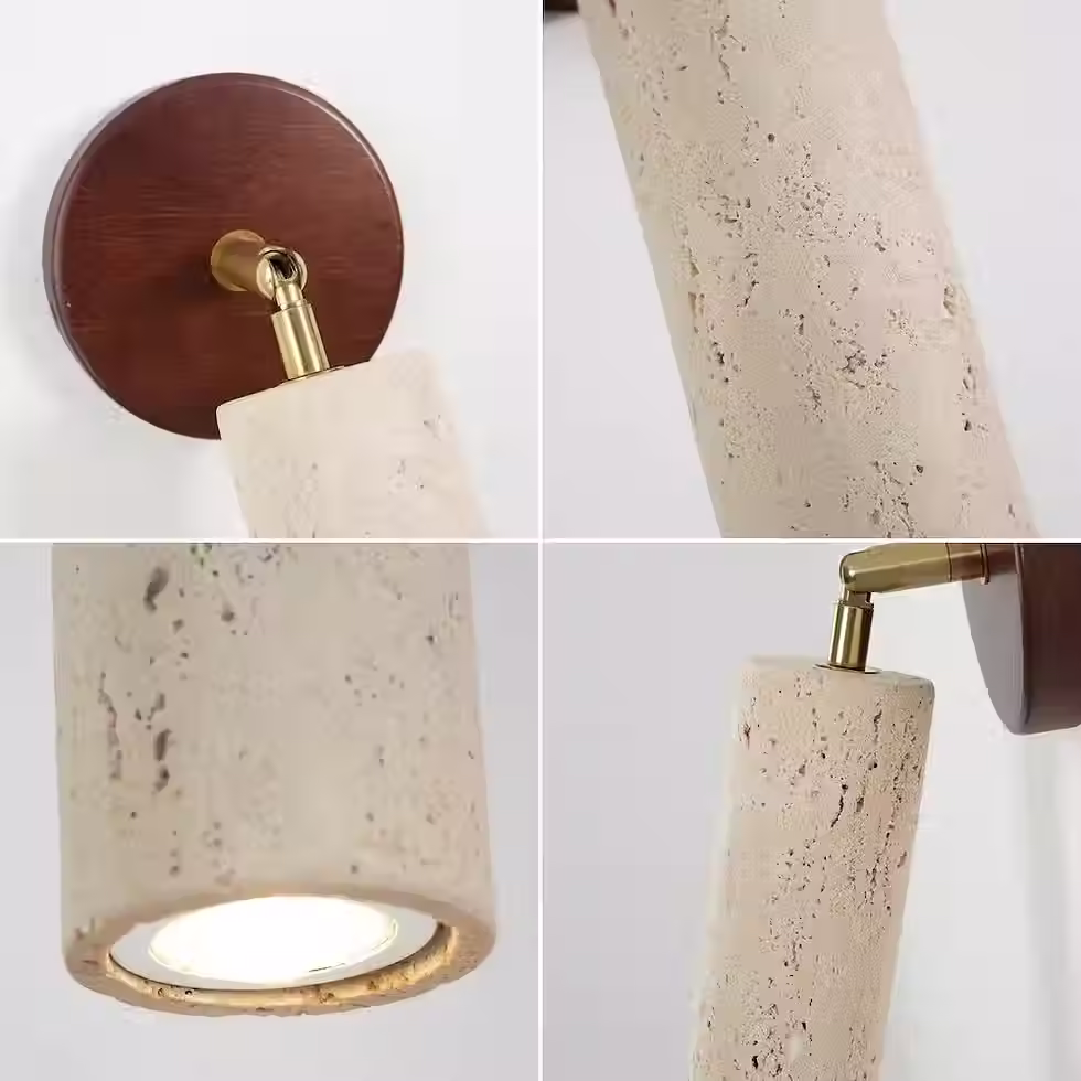 Miniature : Travertine Spot Wall Light – Adjustable Stone Tube Wood Disc E27