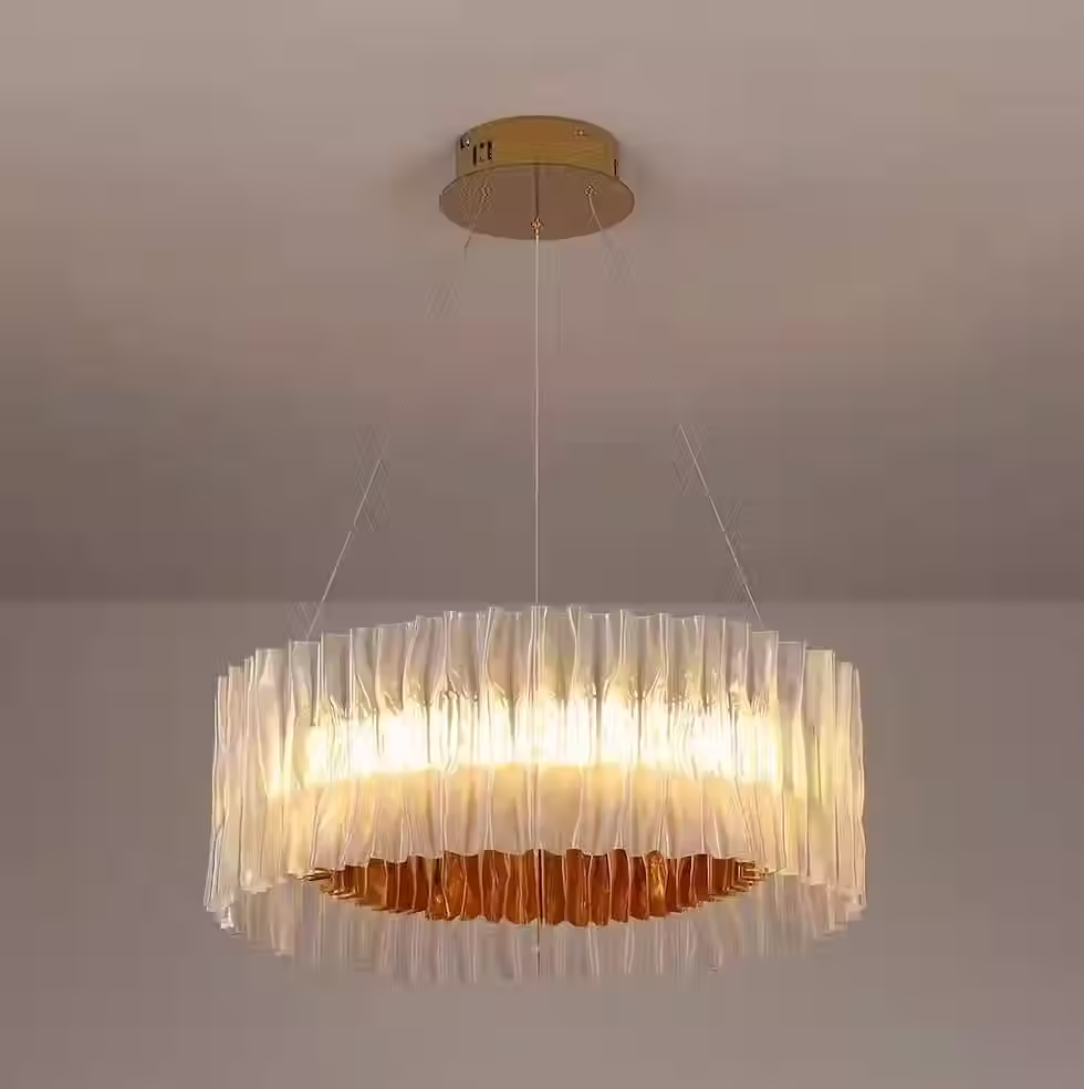 Thumbnail: Pleated Ribbon Drum LED Chandelier - Gold, Tri-Color, Round & Linear