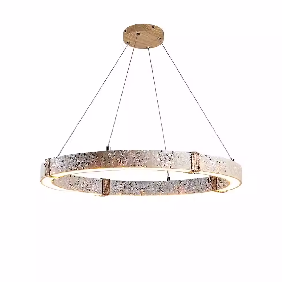 Travertine Stone Halo Ring Chandelier with Hemp Rope Wrap – LED_1