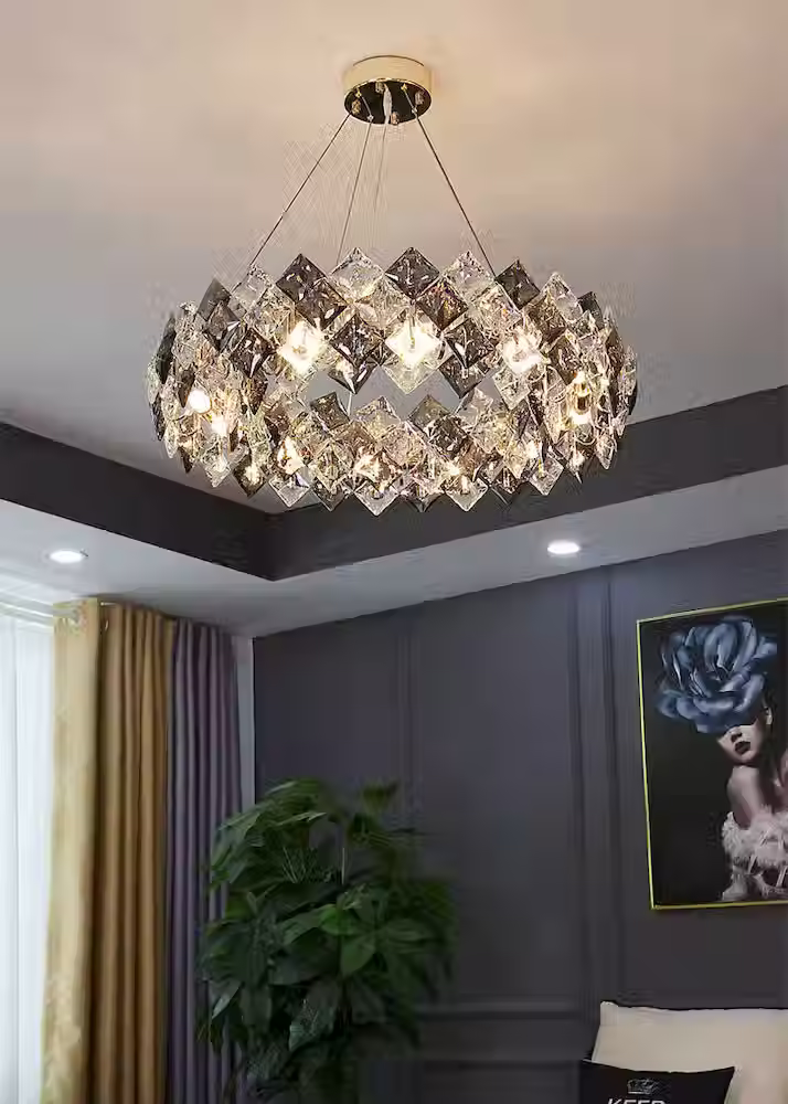 Miniature : Layered Square-Crystal Cube Drum Chandelier - Gold, Round & Linear