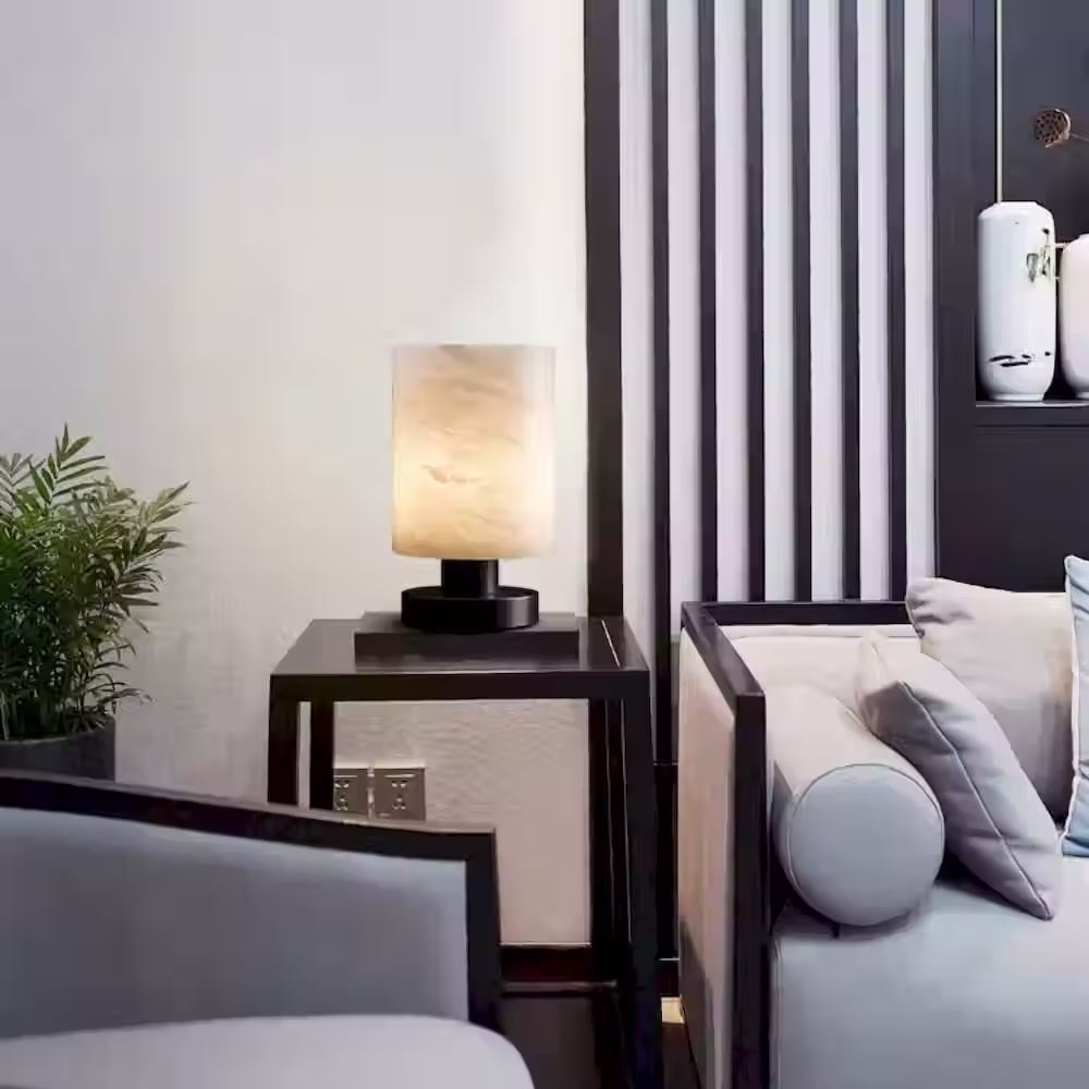 Alabaster Cylinder Table Lamp – Black Metal Base E27 Dia 14 x H 24cm
