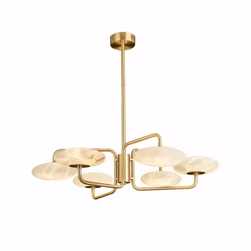 Alabaster Disc Chandelier – 6 Oval Plate Brass Arm LED Sputnik Halo