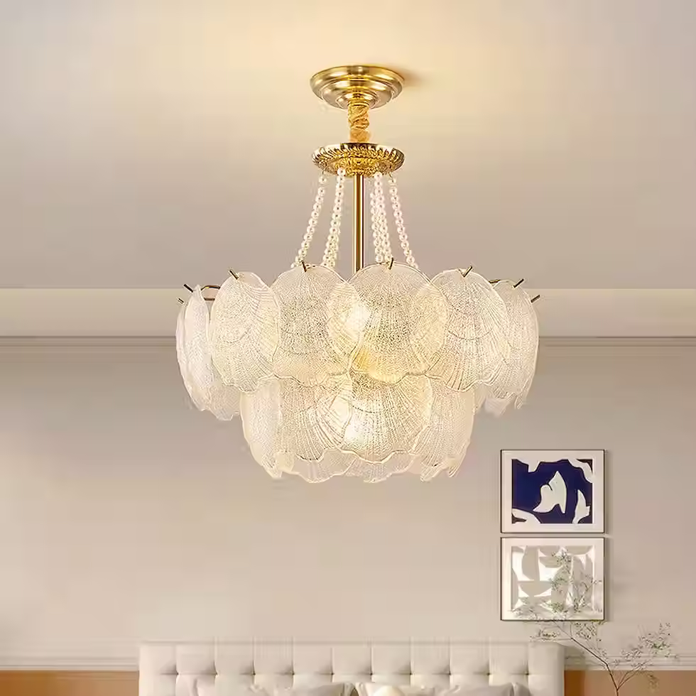 Miniatura: Scalloped Shell Glass & Pearl Drum Chandelier - Gold, E14 Bulbs