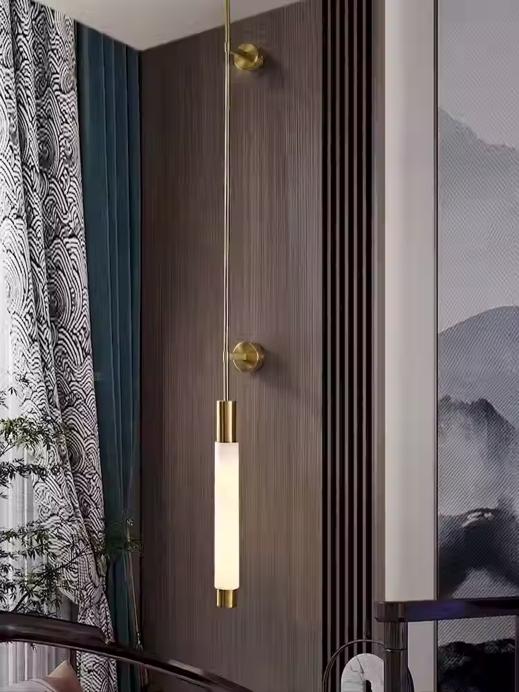 الصورة المصغرة: Scettro Alabaster Tube Wall Sconce – Integrated LED Tall Brass Rod