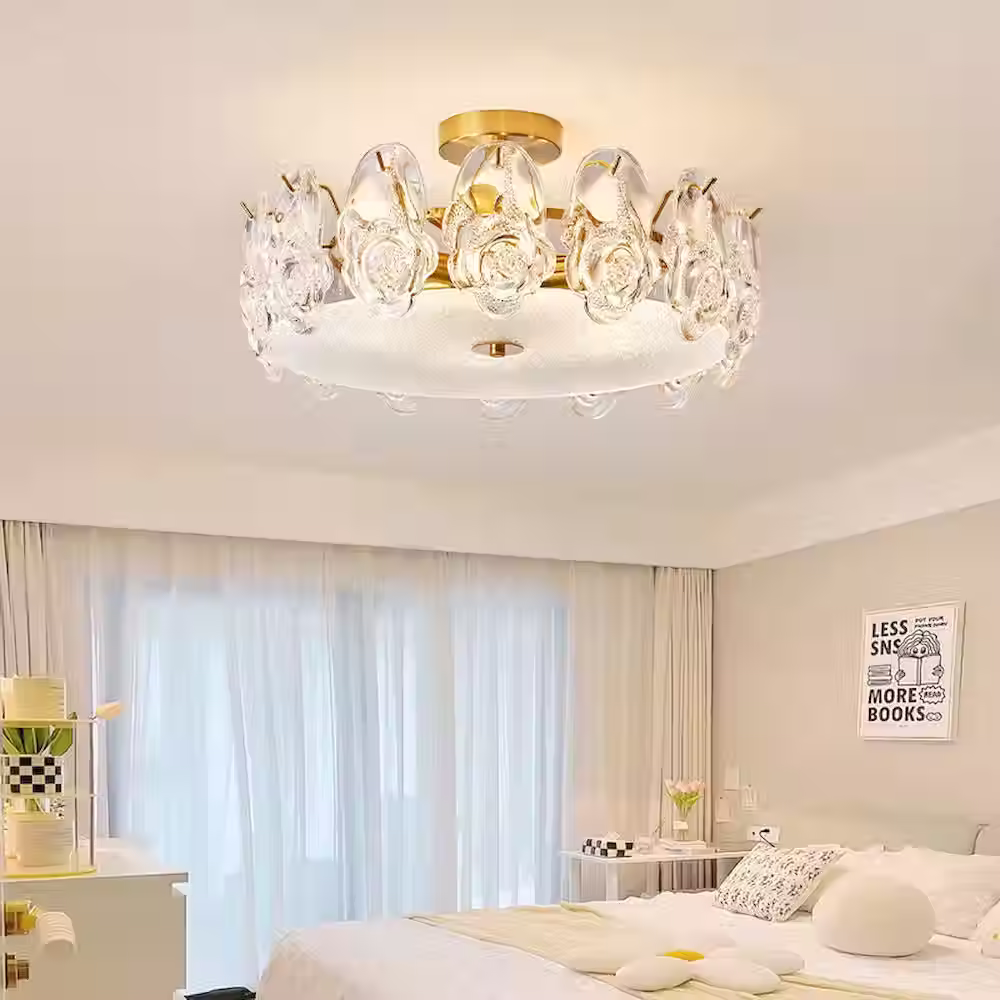 Rose Crystal Semi-Flush Ceiling Light - Gold, E14