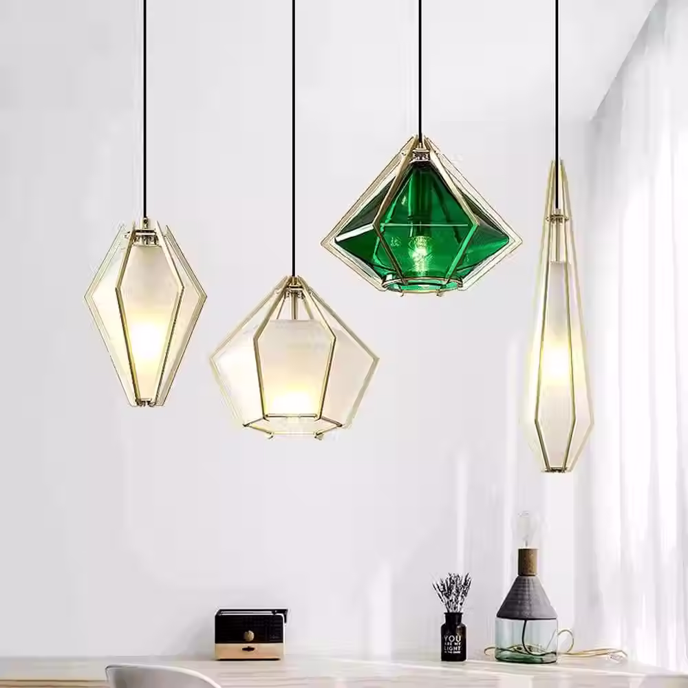 Diamond-Cut Glass Pendant in Brass Cage – 4 Shapes, Frosted/Green