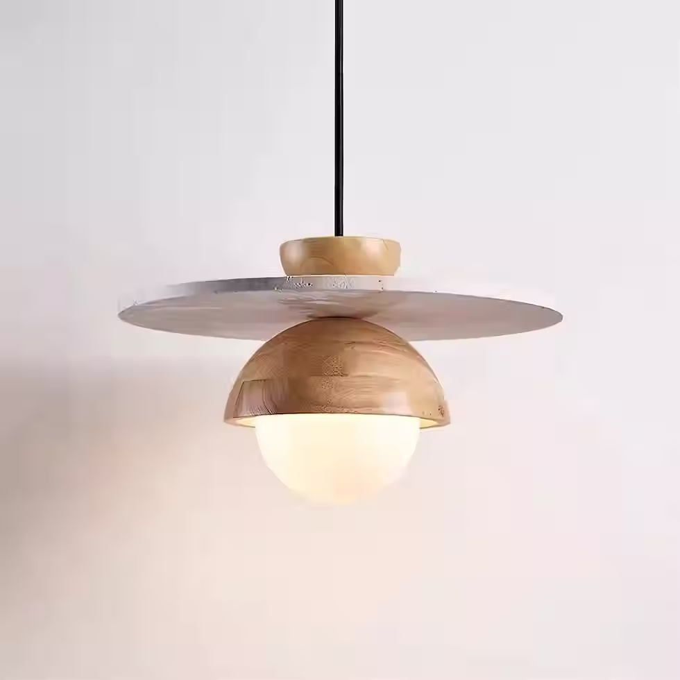 الصورة المصغرة: Travertine Saucer Disc Pendant – Wood Dome with Opal Glass Globe G9_3