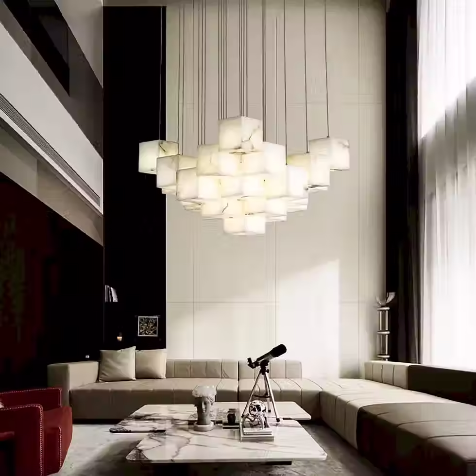 Alabaster Cube Cascade Chandelier – 7 to 36 Head Gold Stairwell Drop
