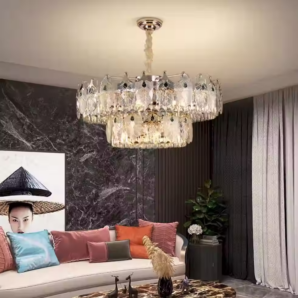 الصورة المصغرة: Crown-Edge Textured-Crystal Round Chandelier - Chrome, Round & Linear