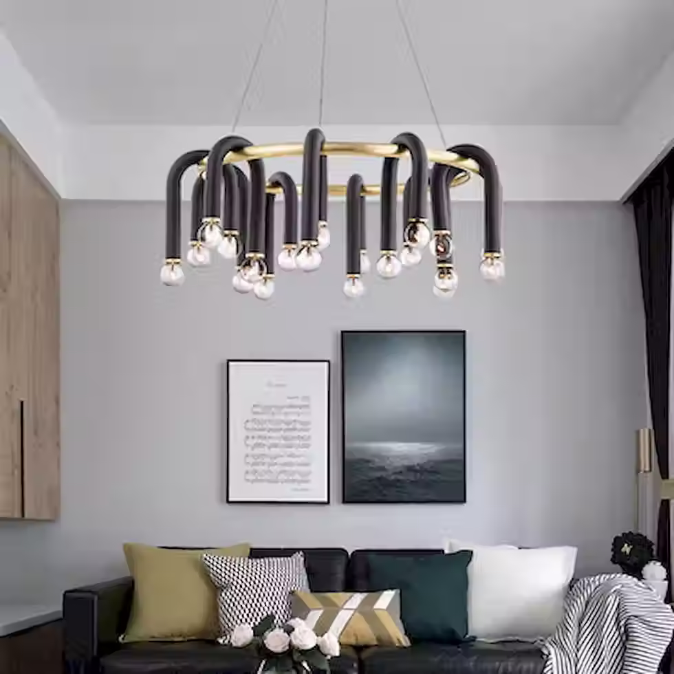 Miniatura: Post-Modern Black & Brass 18-Light Ring Chandelier, Bare Bulb