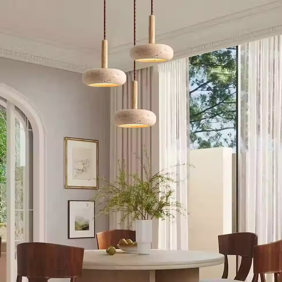 Thumbnail: Travertine Pebble Donut Pendant – Wood Stem Integrated LED Warm_7