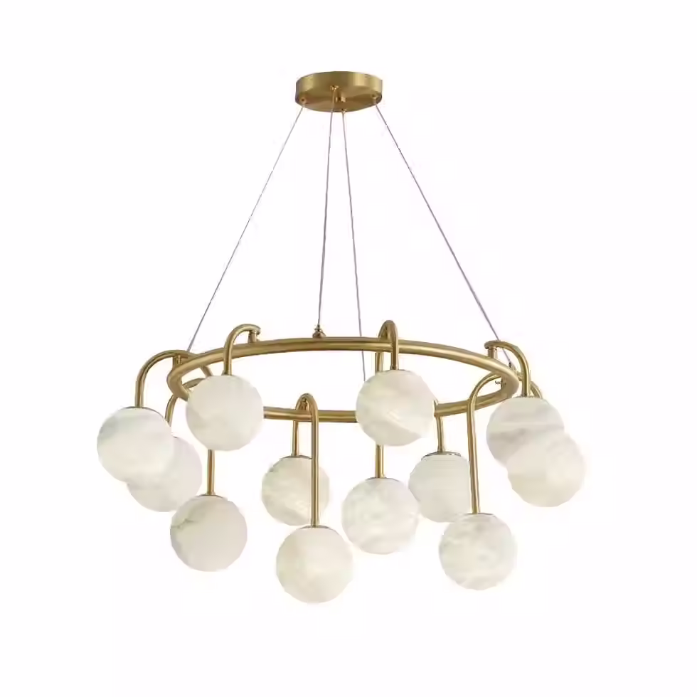 Alabaster Globe Ring Chandelier – Brass Hook Arm 8 to 15 Head Halo