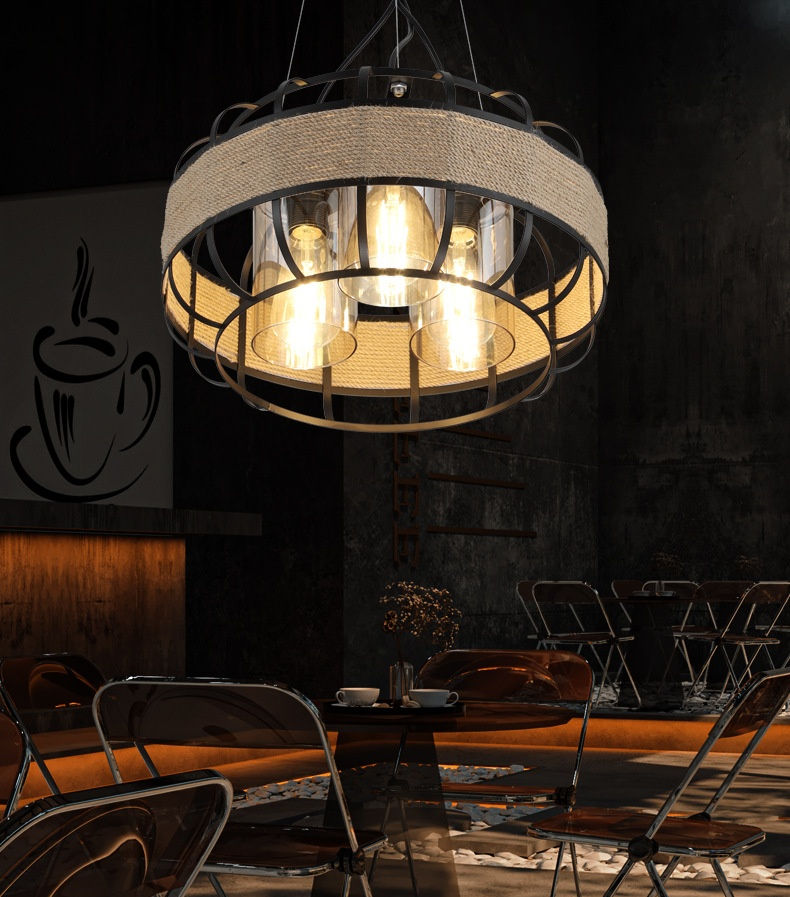 Miniatura: Decoração de corda de cânhamo de metal para design de interiores Luz suspensa
