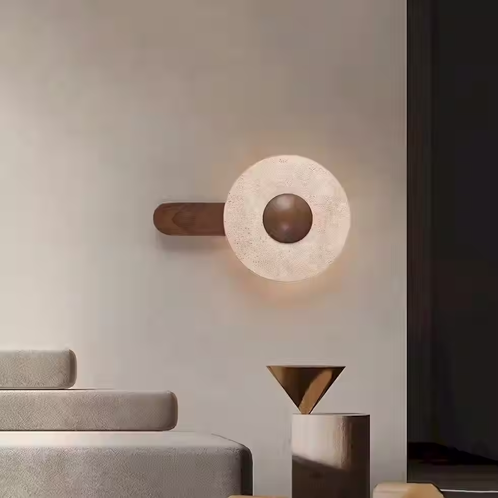 Miniatura: Travertine Disc Wall Sconce – Wood Ball Backlit Halo Paddle E27