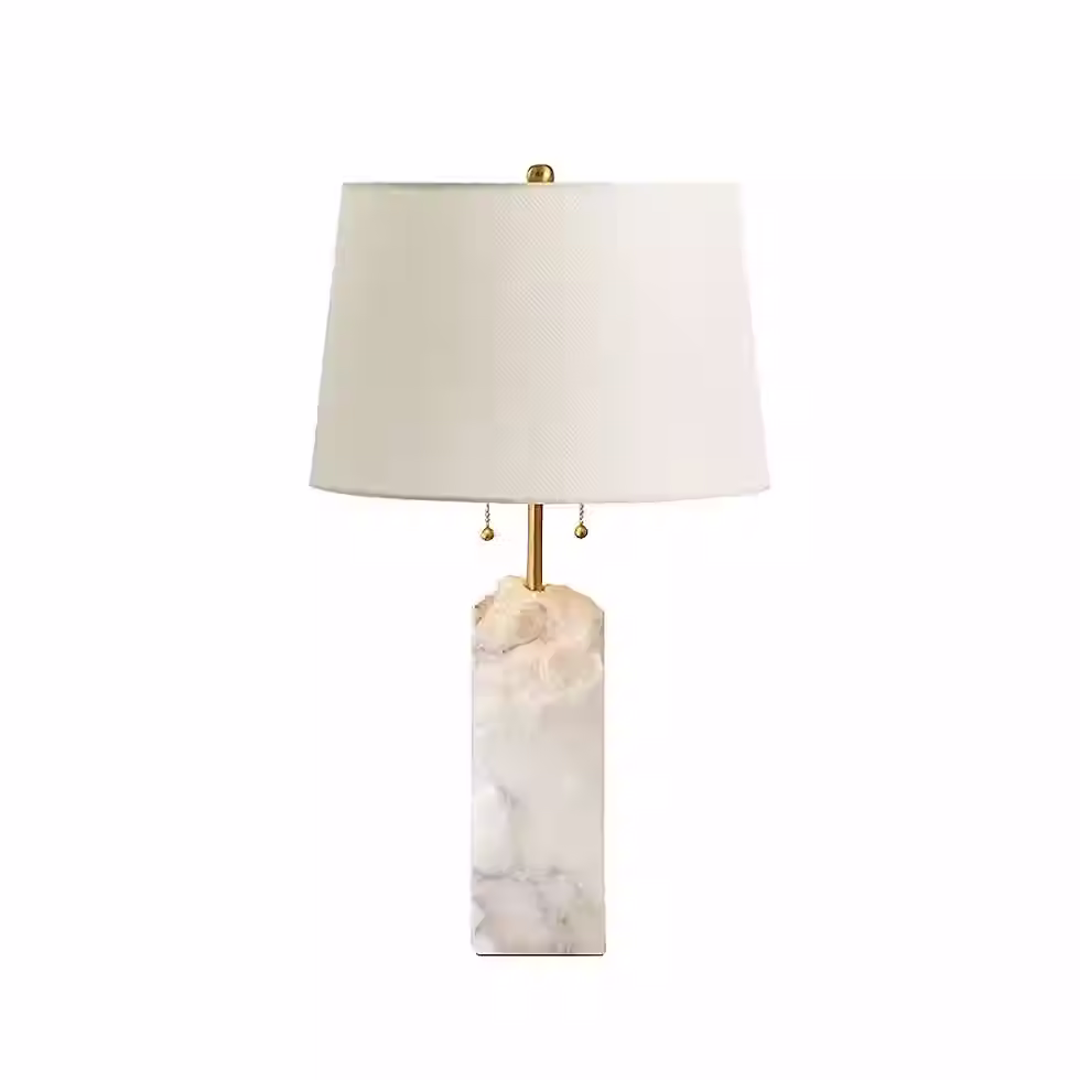 Alabaster Table Lamp – Gold Brass Fabric Shade Dia 35 x H 62cm E27
