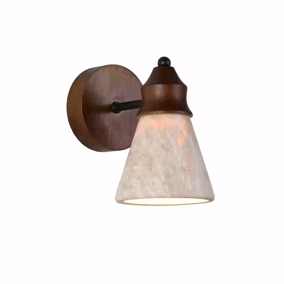 Travertine Cone Wall Sconce with Walnut Base – Natural, E27_2