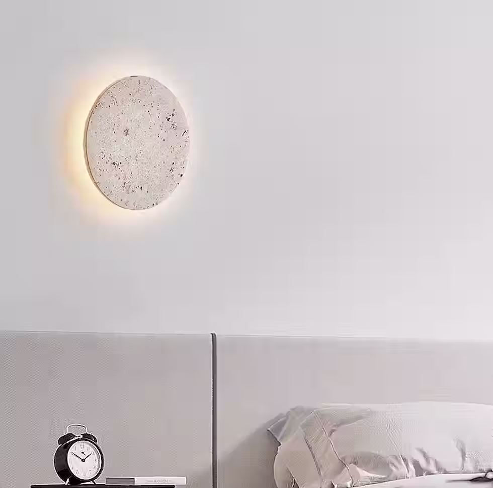 Miniature : Round Travertine Disc Wall Light with Halo Backlight – 3-CCT LED 6