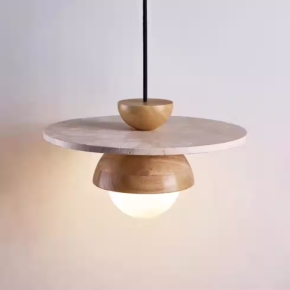 Miniature : Travertine Saucer Disc Pendant – Wood Dome with Opal Glass Globe G9_2