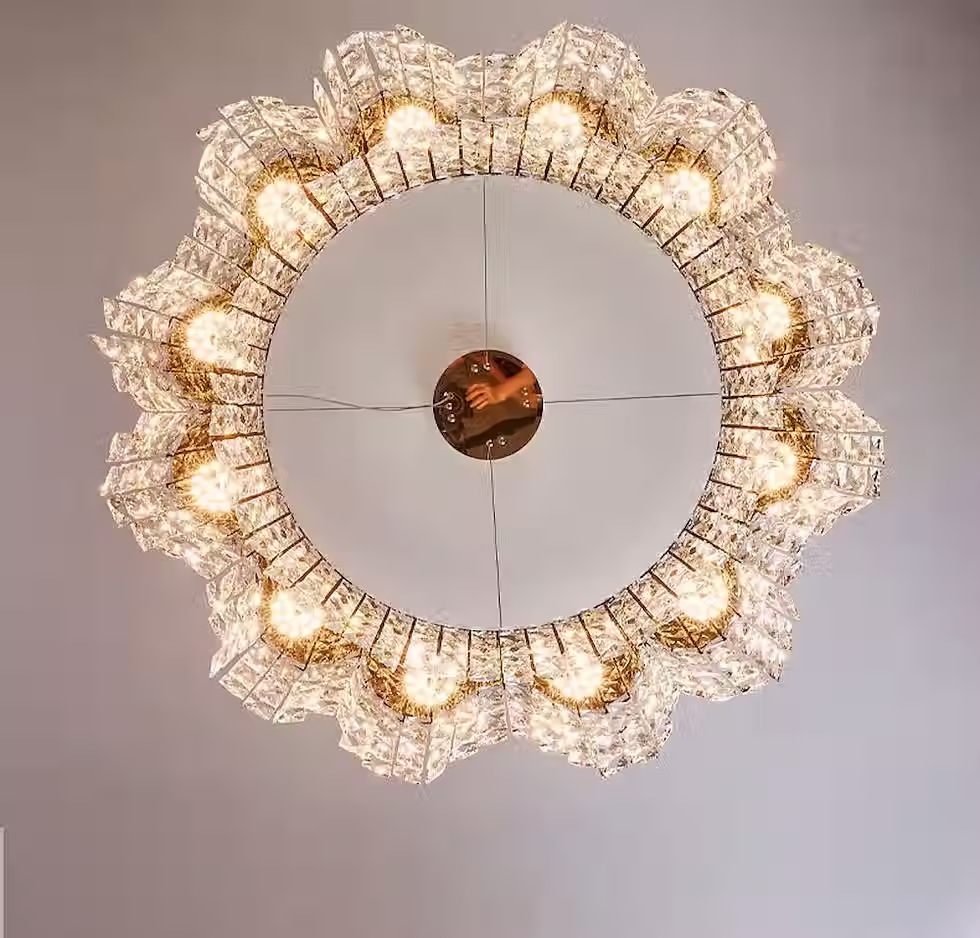 Thumbnail: Scalloped Faceted-Crystal Drum LED Chandelier - Gold, Tri-Color