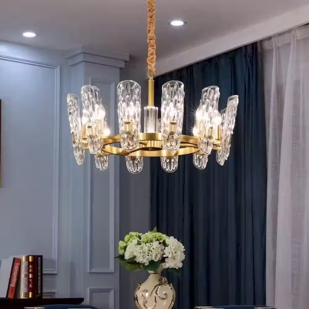 Hammered Glass-Cylinder Brass-Ring Chandelier - Gold, Round & Linear