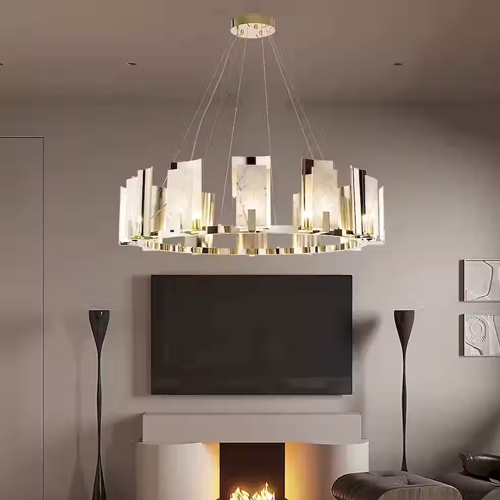 Alabaster Crown Chandelier – Gold Blade Ring E14 Candle Round Halo