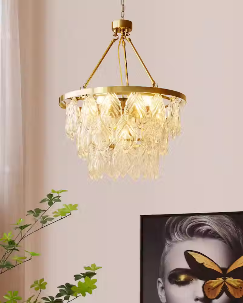 الصورة المصغرة: Ribbed Teardrop Glass-Leaf Tiered Chandelier - Gold, Dia 40-80cm