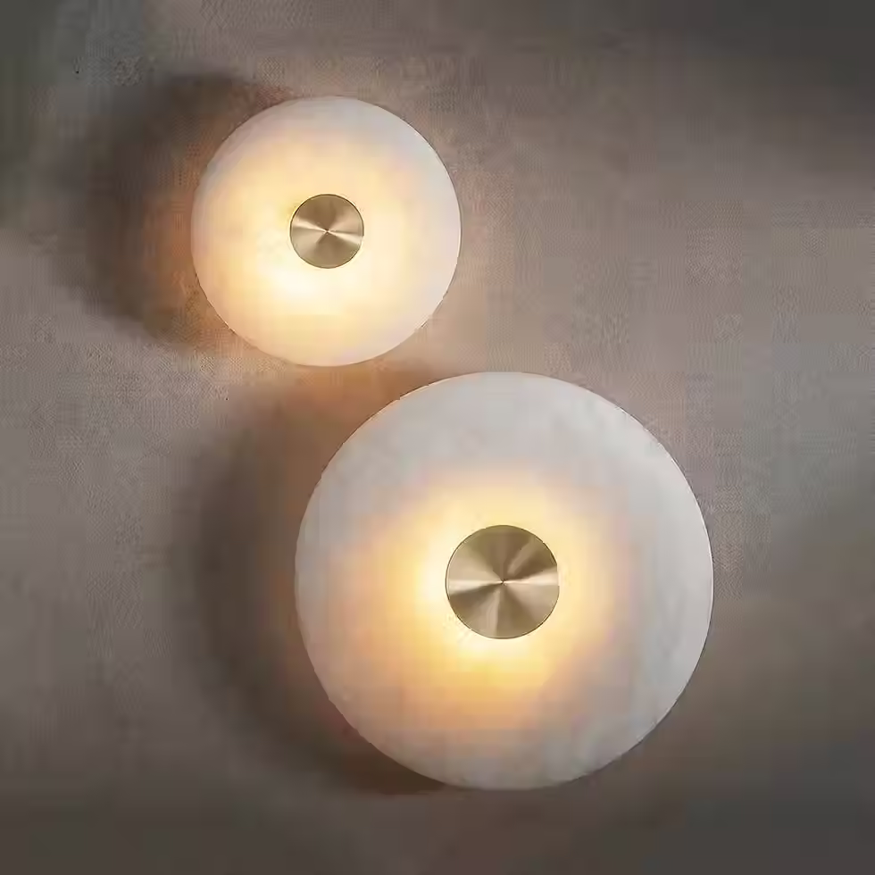 الصورة المصغرة: Luna Alabaster Disc Wall Sconce – Integrated LED Brass Center Stud