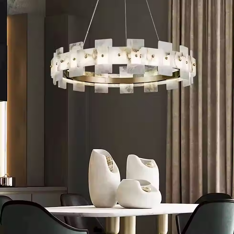 Thumbnail: Twin-Model Alabaster Drum Chandelier – E14 Brass Tall Cascade
