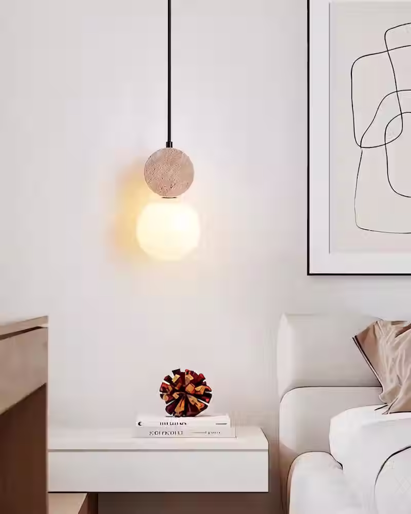 الصورة المصغرة: Travertine Topper Pendant Light with Opal Glass Globe – G9_14