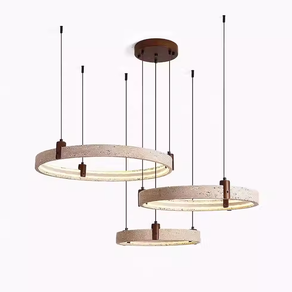 الصورة المصغرة: Travertine Multi-Tier Ring Drop Chandelier – Walnut Wood H150 LED_3