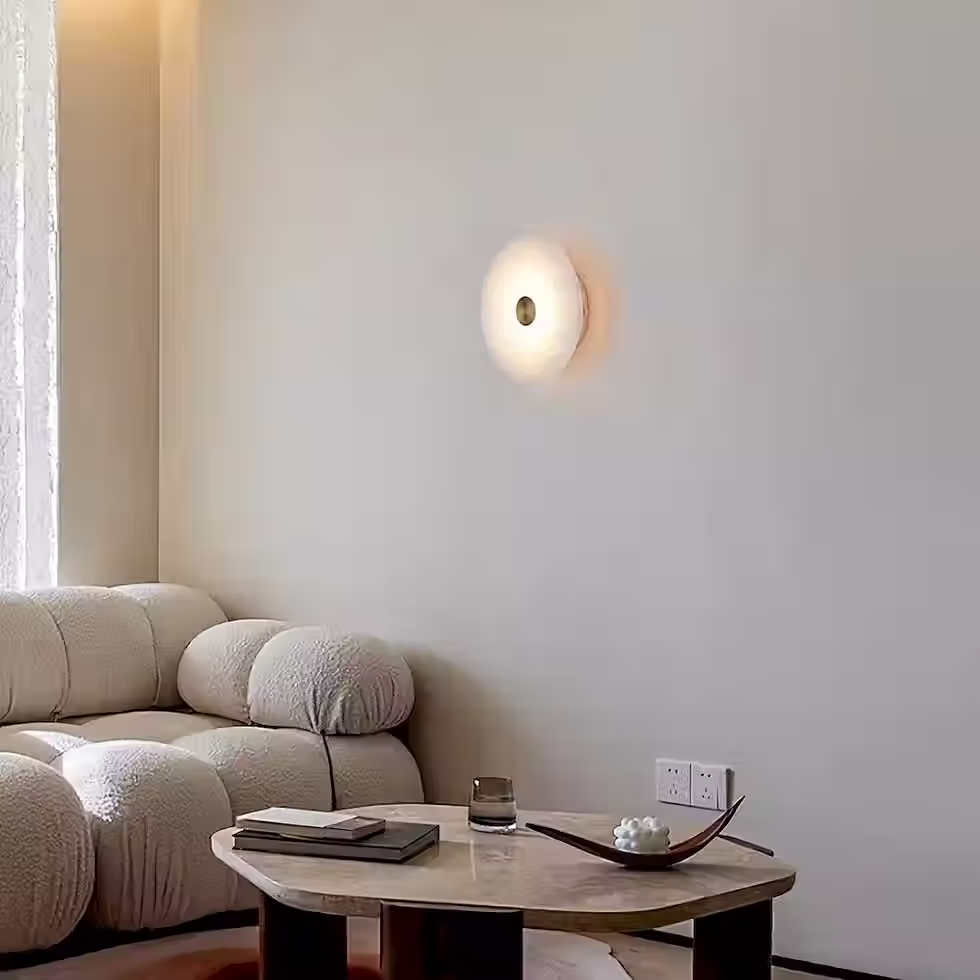 الصورة المصغرة: Luna Alabaster Disc Wall Sconce – Integrated LED Brass Center Stud