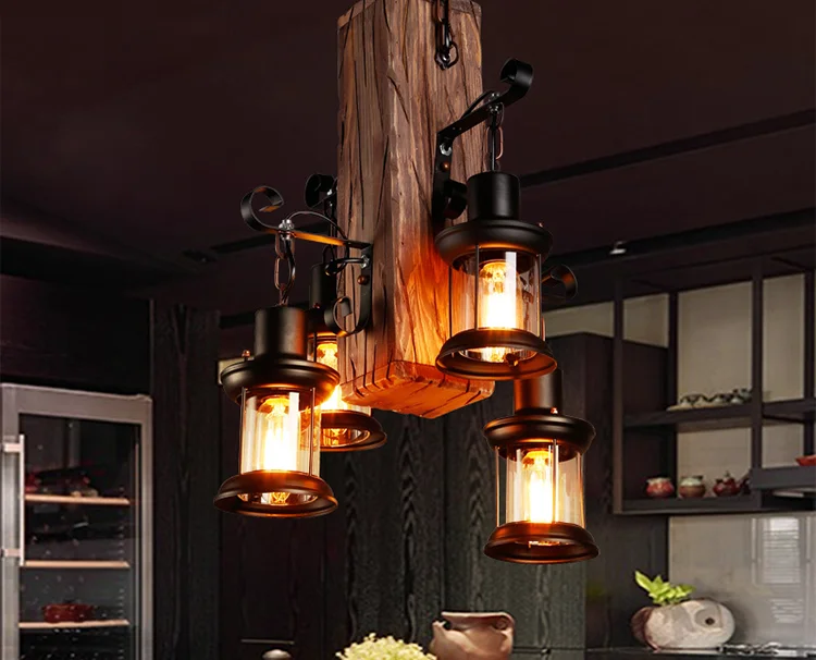 Vintage wooden light hanging metal box lamp led lights chandelier