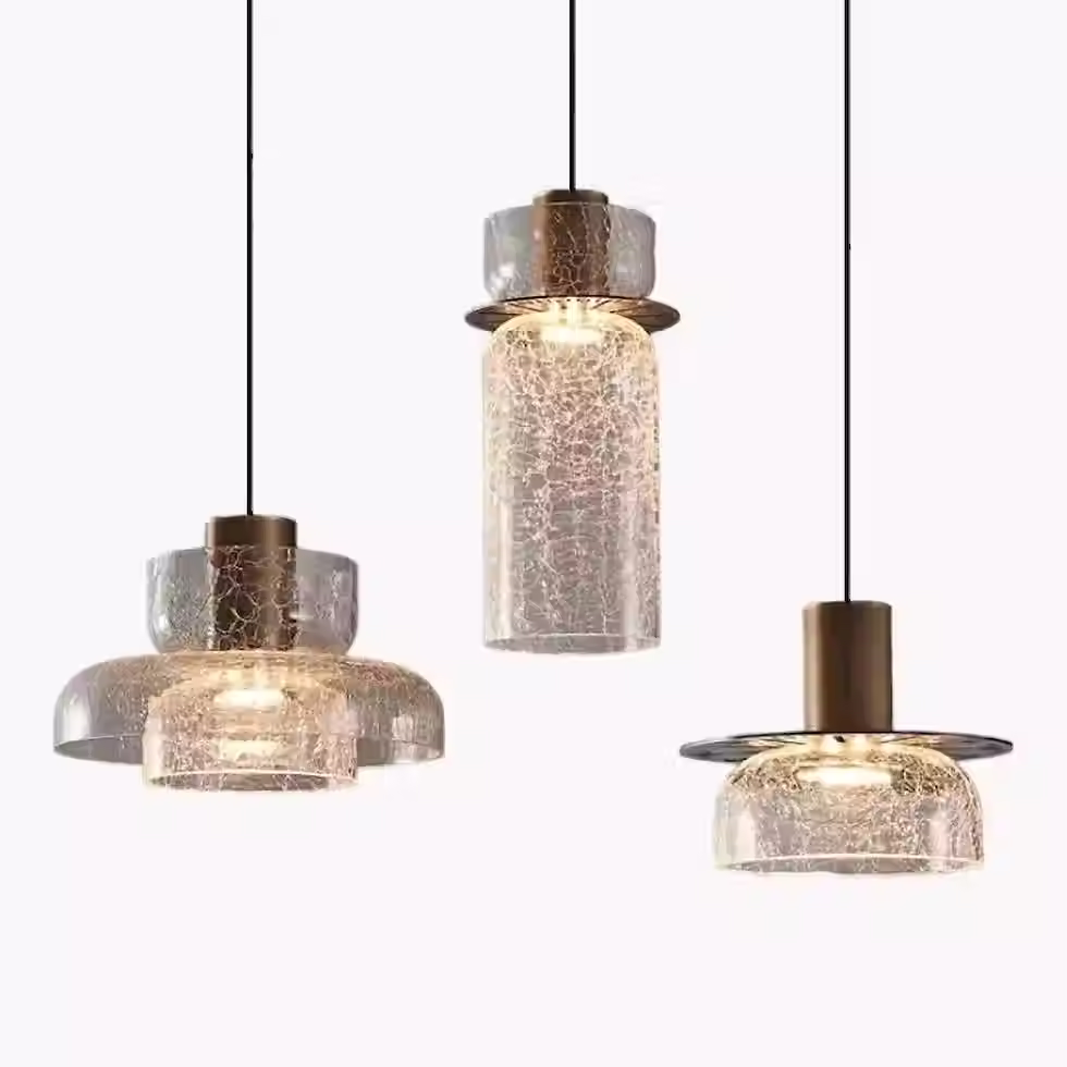 Crackle Glass Brass-Cap Pendant – Integrated LED, 3 Shapes