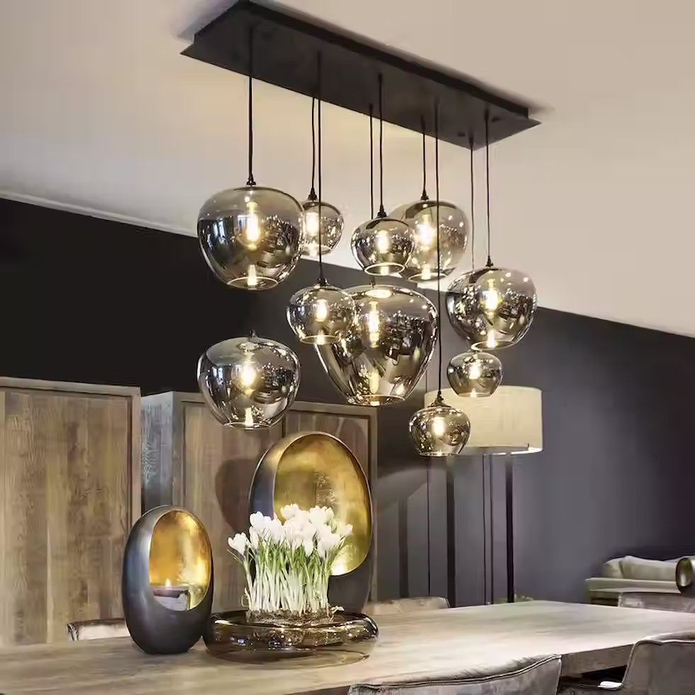 الصورة المصغرة: Smoke Glass Multi-Head Linear Pendant – Mixed Shades, E27