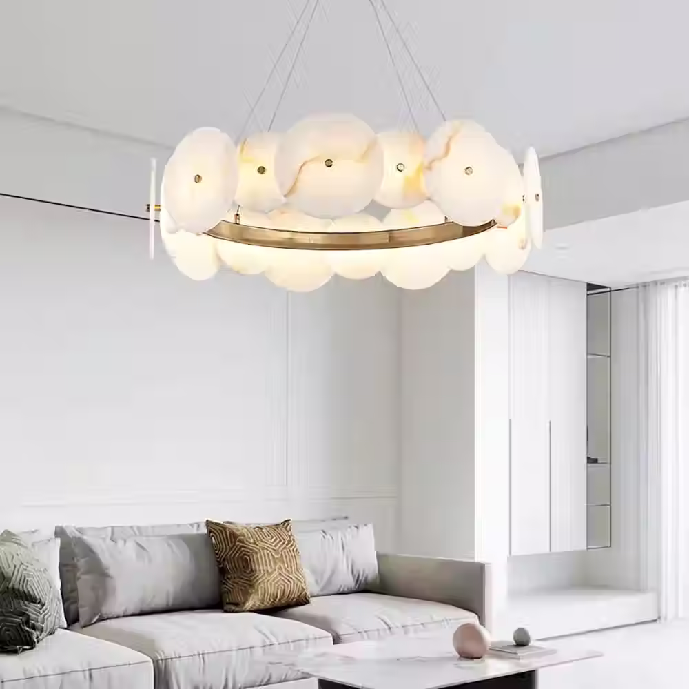 Alabaster Disc Halo Chandelier – Overlapping Scale Brass Ring Light