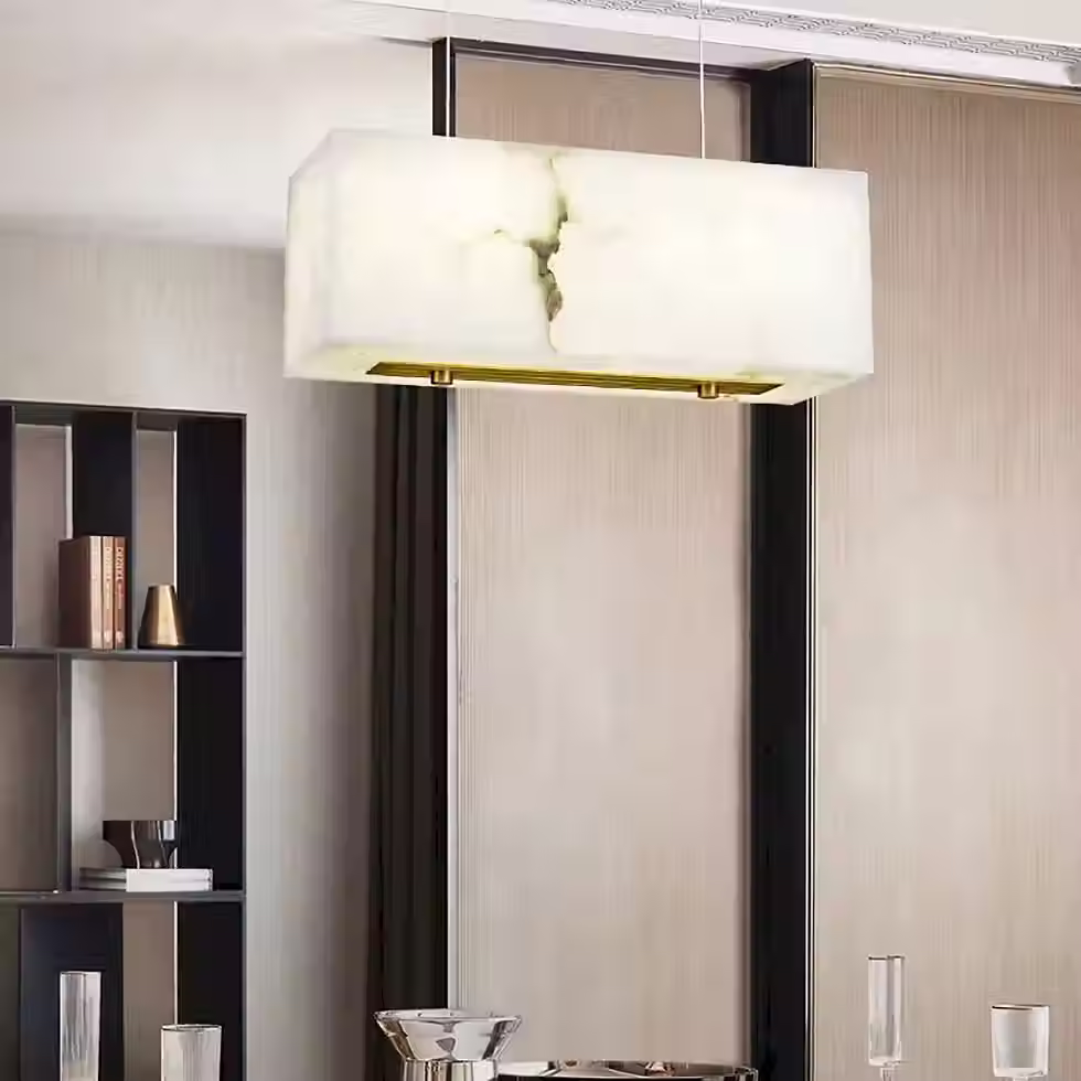 Alabaster Block Pendant Light – Fluted Brass Base Rectangular Bar