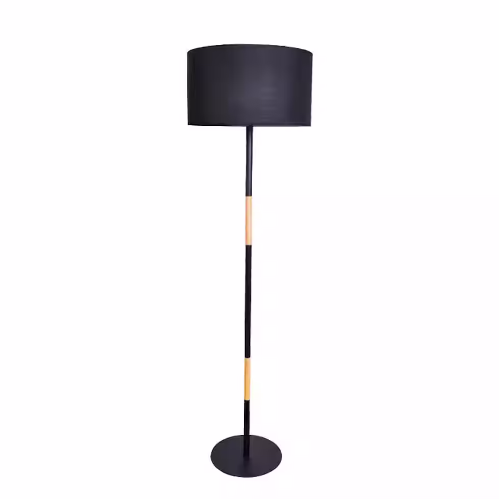 Modern Metal Pole Floor Lamp – Wood Accent, Black/White_1