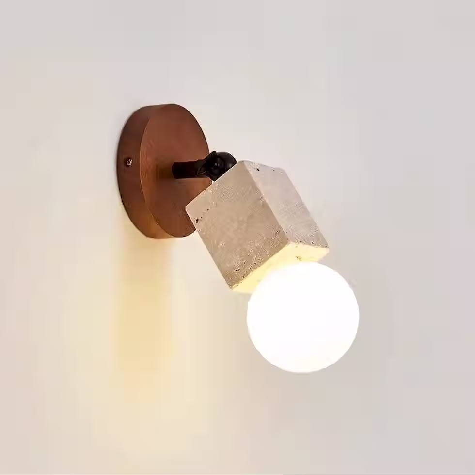 الصورة المصغرة: Travertine Cube Wall Spotlight – Adjustable Wood Backplate E27 Globe