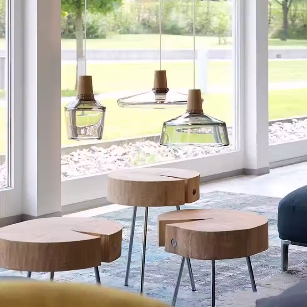 Wood-Cap Tinted Glass Pendant – 3 Shapes Grey/Amber + 3L Cluster, E27