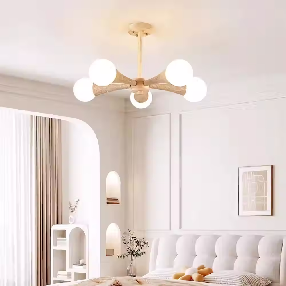 Travertine Wood Sputnik Chandelier with Glass Globe Bulbs – E27