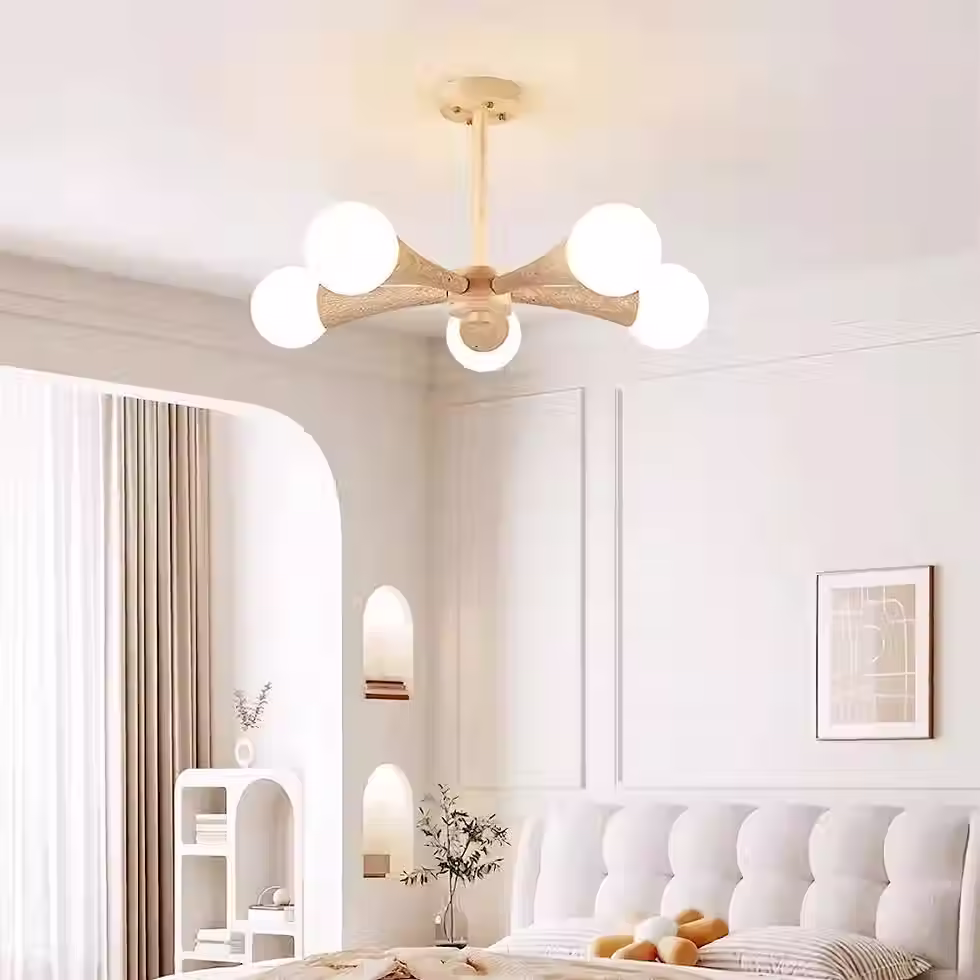 Travertine Wood Sputnik Chandelier with Glass Globe Bulbs – E27